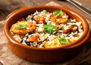gratin rice with potatoes and mussels